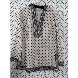 Tory Burch Kingfish Print Sequin Embellished Ivory Cotton Tunic Size 14